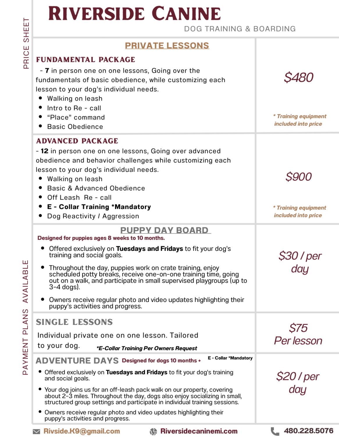 Riverside Canine Lesson Rates and Packages