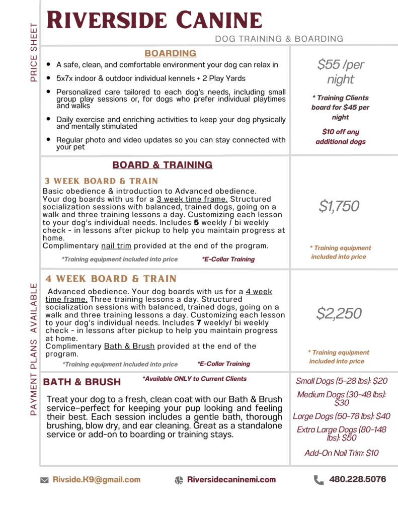 Riverside Canine Board & Training Services and Pricing as of 3/17/26.