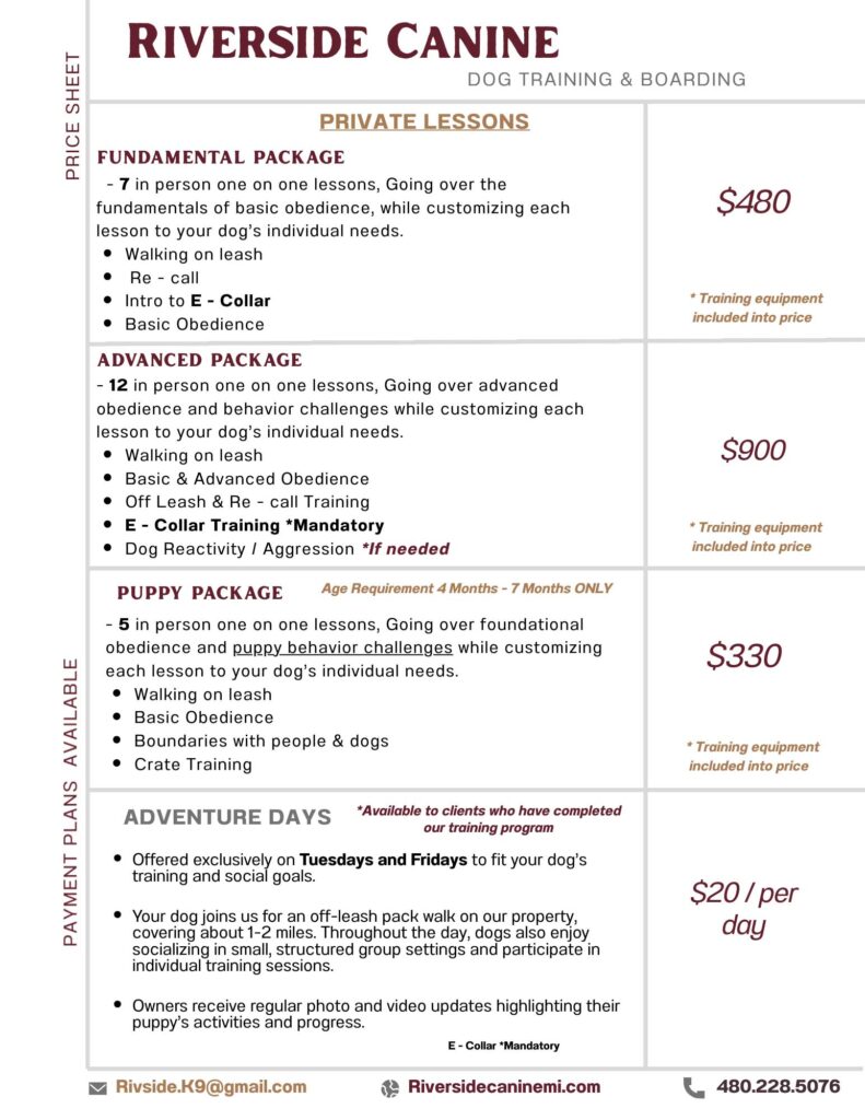 Riverside Canine Lesson Packages and Pricing as of 3/16/26.